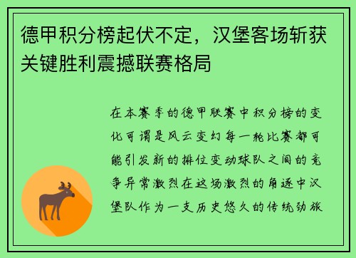 德甲积分榜起伏不定，汉堡客场斩获关键胜利震撼联赛格局